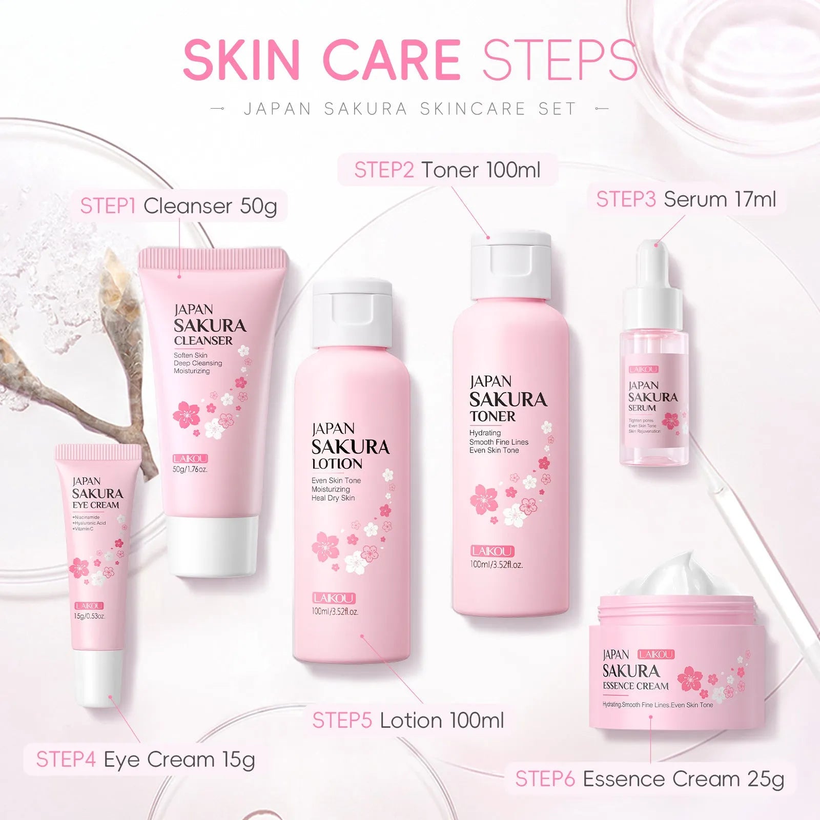 Cherry blossom facial care 6-piece set showing cleanser, toner, moisturiser, serum, eye cream and essence cream