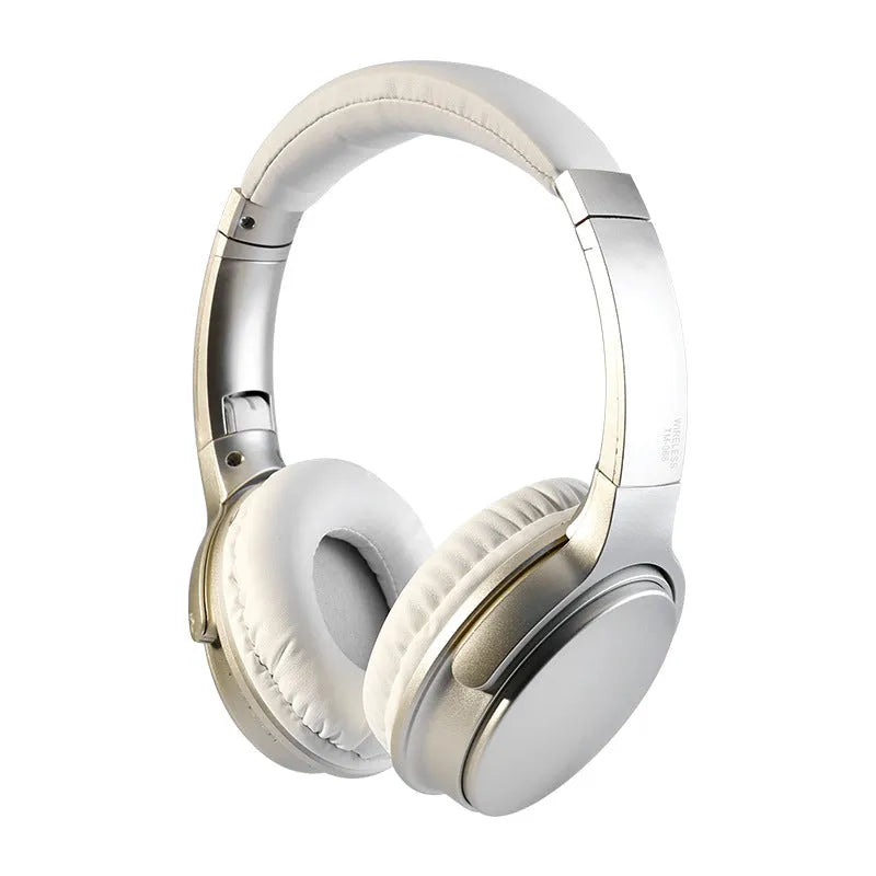 Bluetooth 5.0 wireless over-ear headset in black with padded headband and ear cushions
