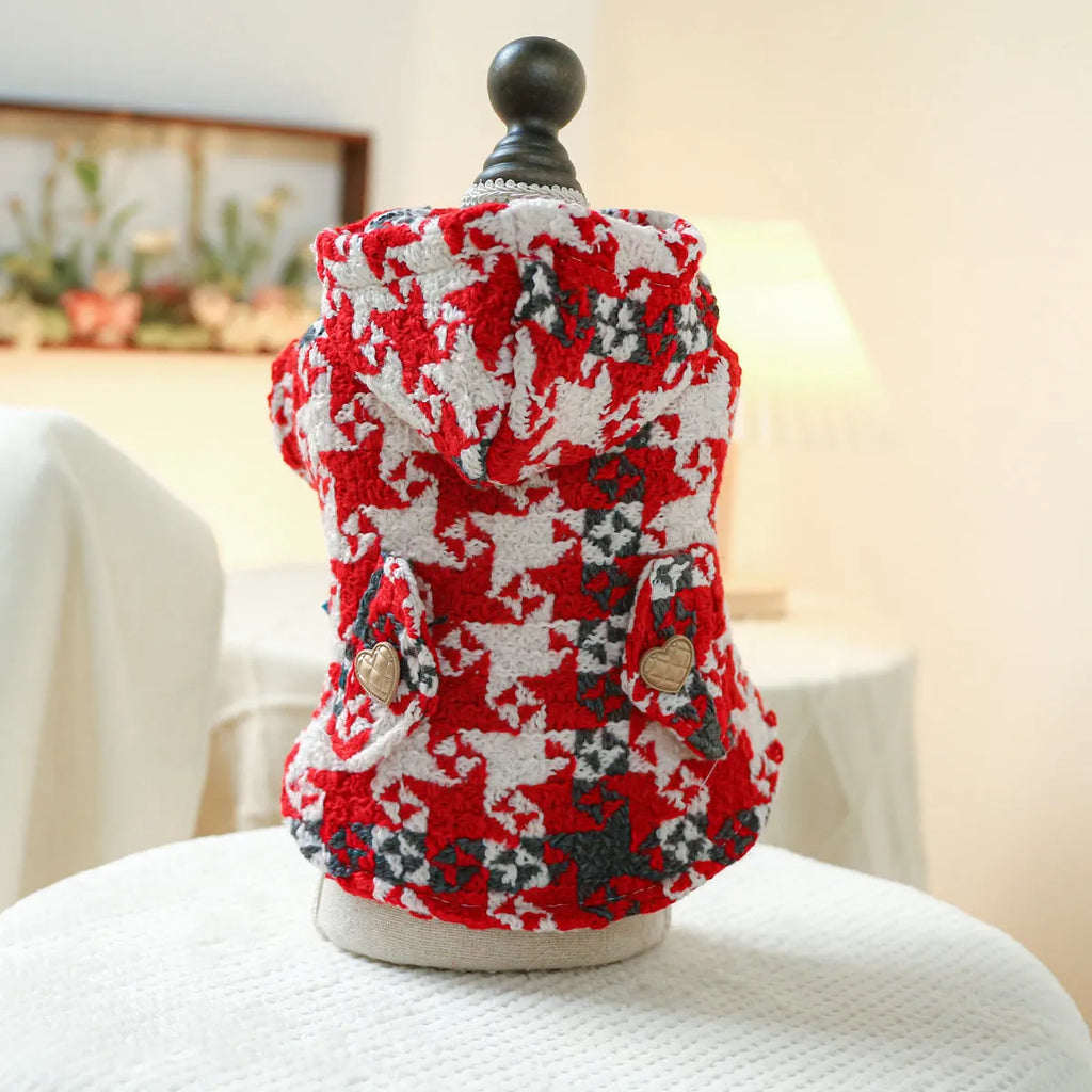 Red plaid dog trench coat shown alongside black houndstooth version, displaying five size options for pet clothing