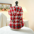 Red plaid dog trench coat shown alongside black houndstooth version, displaying five size options for pet clothing
