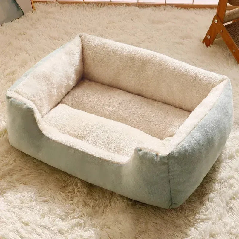 Short plush cat bed in various sizes and colours including black, coffee, grey, green and pink