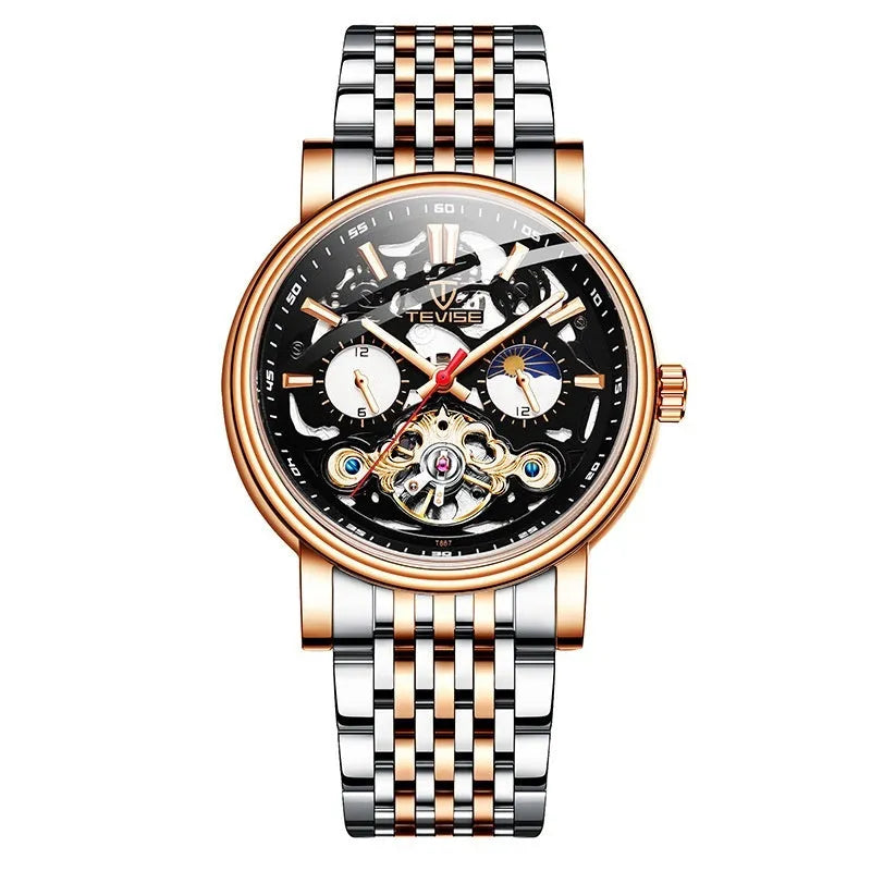 Men's tourbillon mechanical watch with luminous hands on a black dial, showing a 16.5mm thick case.