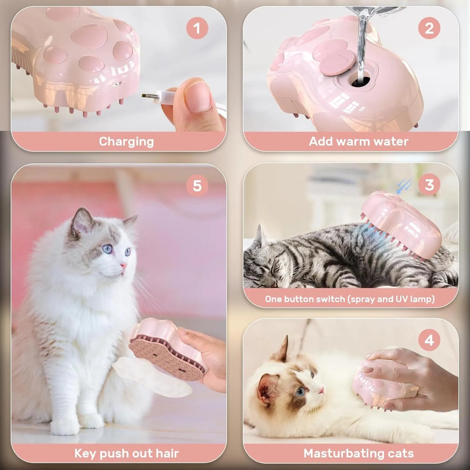 Blue self-cleaning cat steam brush with silicone bristles and release button for pet grooming