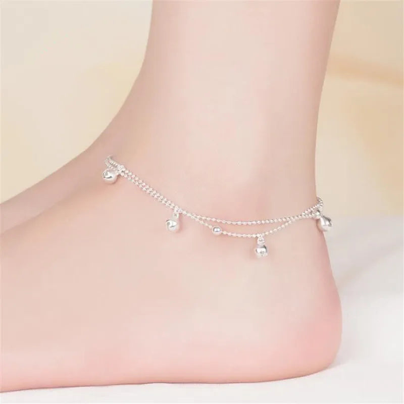 Silver plated bell anklet with geometric design, 16cm chain plus 3cm extension, copper base