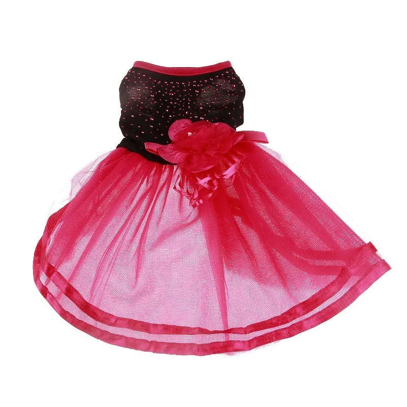Red cotton dog princess wedding dress in sizes XS to L with length and bust measurements