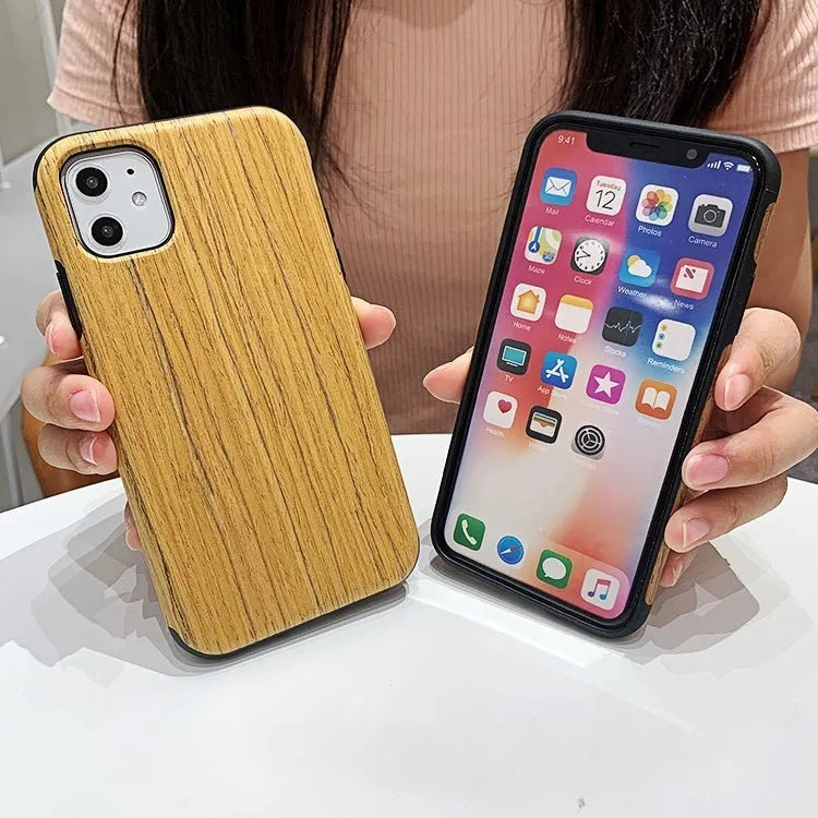 Wooden back cover case for iPhone in rosewood, teak, black rose, and walnut wood finishes.
