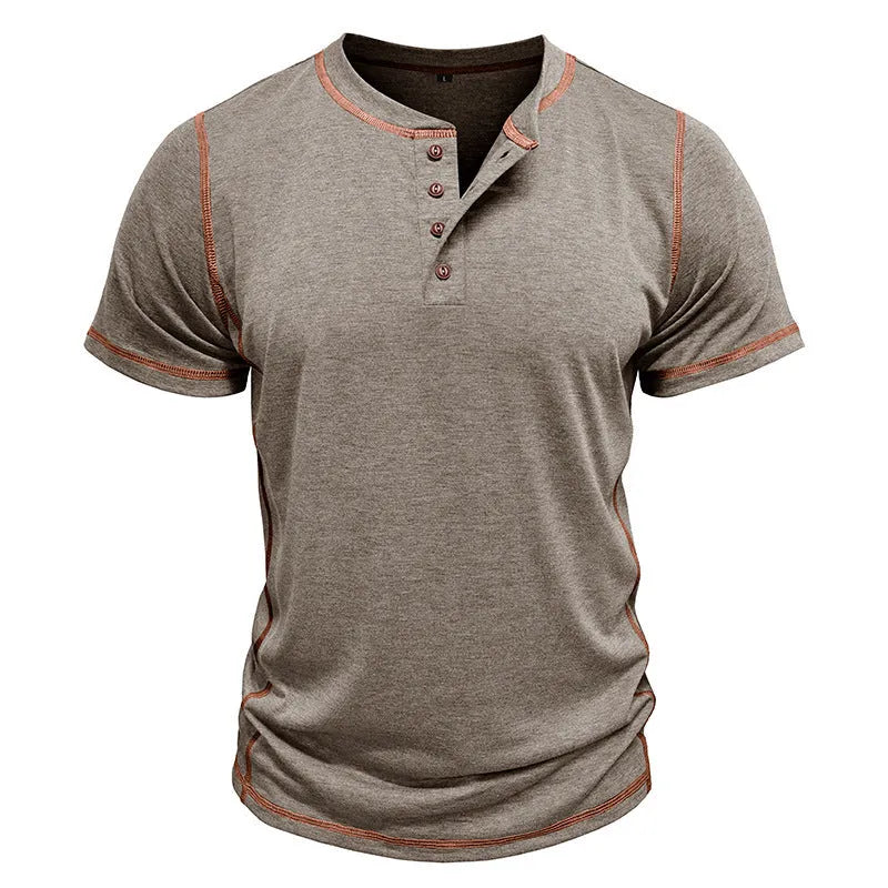 Men's short sleeve solid colour polo shirt in khaki, cotton blend fabric, button front, summer casual top