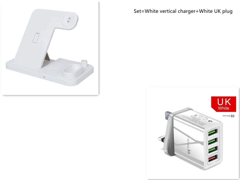 Black 4-in-1 wireless charging station with phone on adjustable magnetic stand, charging Apple Watch, AirPods, and Apple Pencil.
