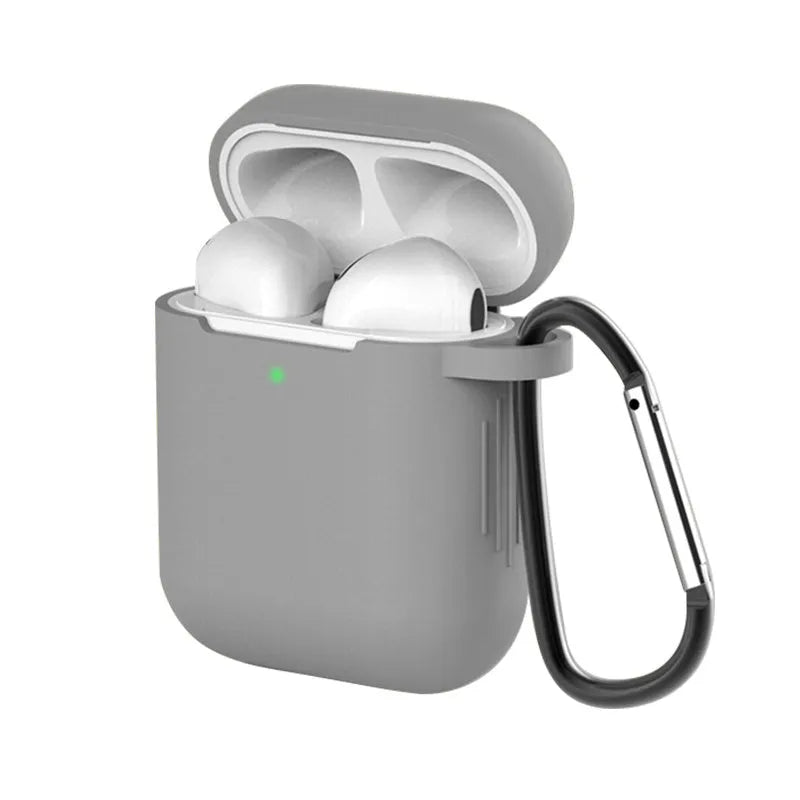 Liquid silicone clam-shell cover for Apple AirPods 1st and 2nd generation charging case.