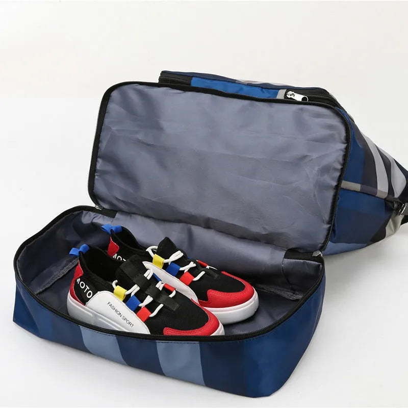 Foldable travel duffel bag in black with waterproof Oxford cloth, 20-35L capacity, and dry wet separation feature