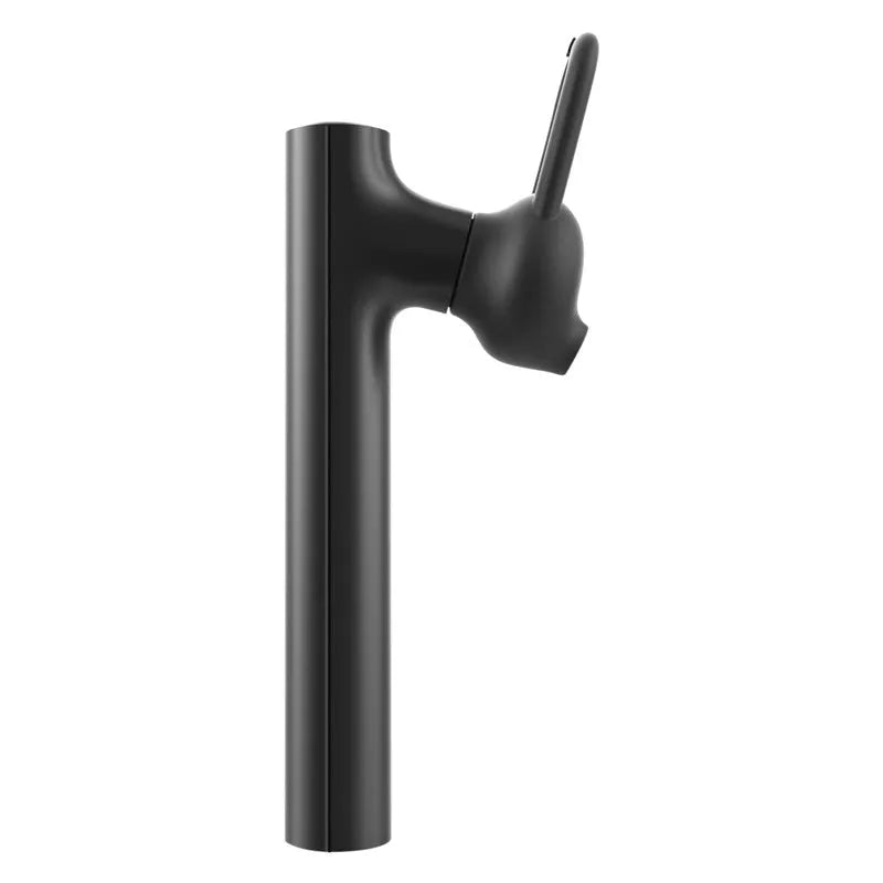 Compact black and white wireless Bluetooth headset showing size scale.