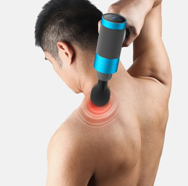 USB muscle massager in blue with space aluminium body, five speed control, and compact 225x185x60mm size