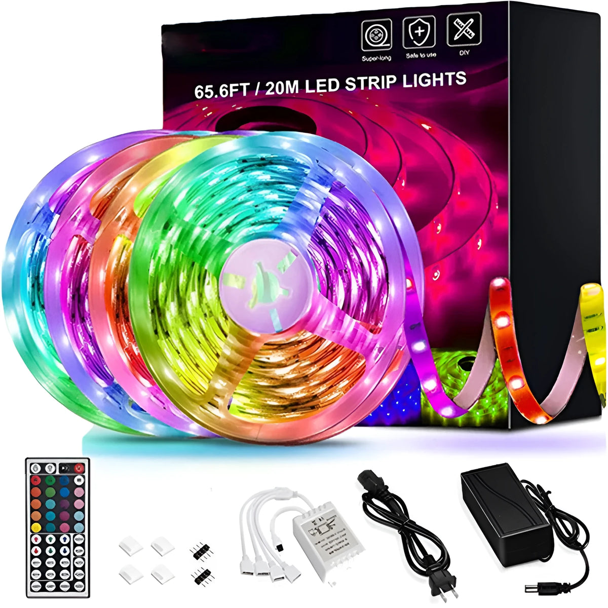 20m RGB LED strip light with 5050 beads, 44-key remote control, and 5A power supply for indoor TV and room decoration