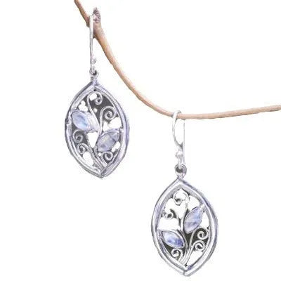 Silver women's earrings with leaf design and colourful embedded moonstones Europe America style
