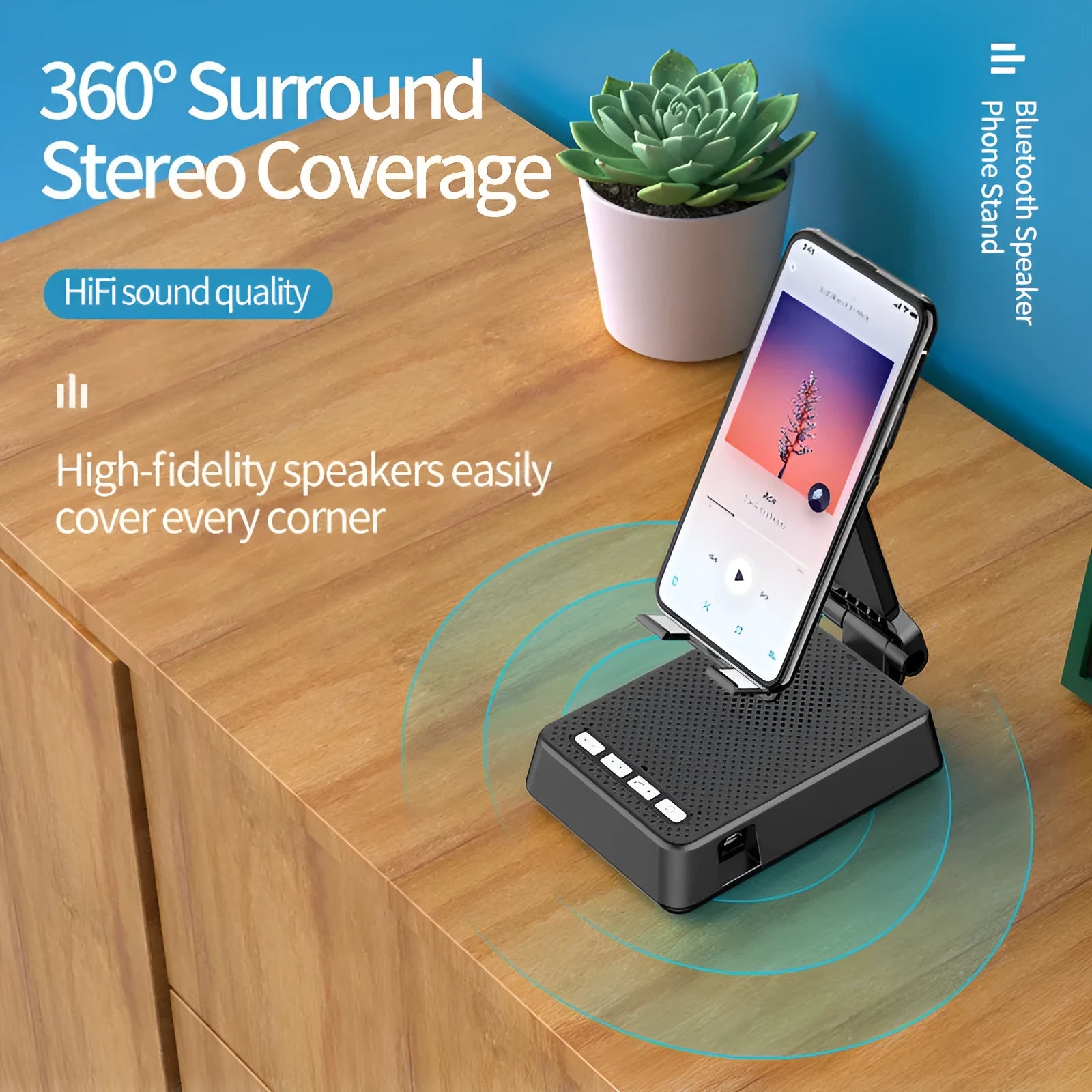 Black mobile phone broadcasting stand with Bluetooth speaker and microphone on desk