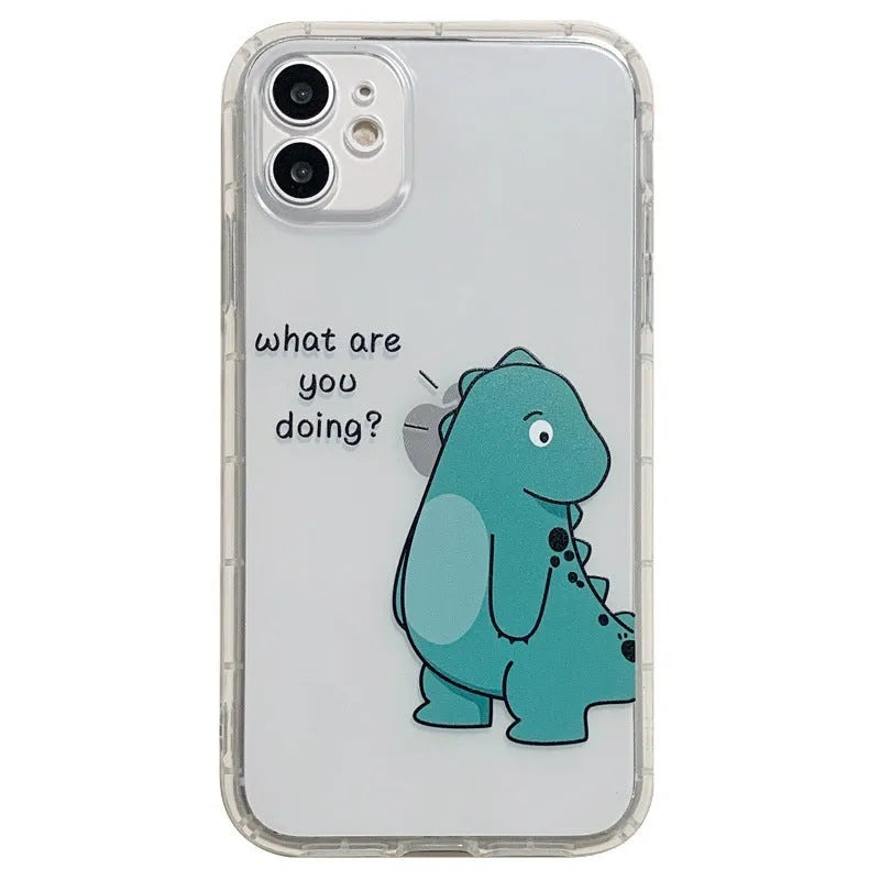 Clear transparent iPhone case with green dinosaur design showing phone protection