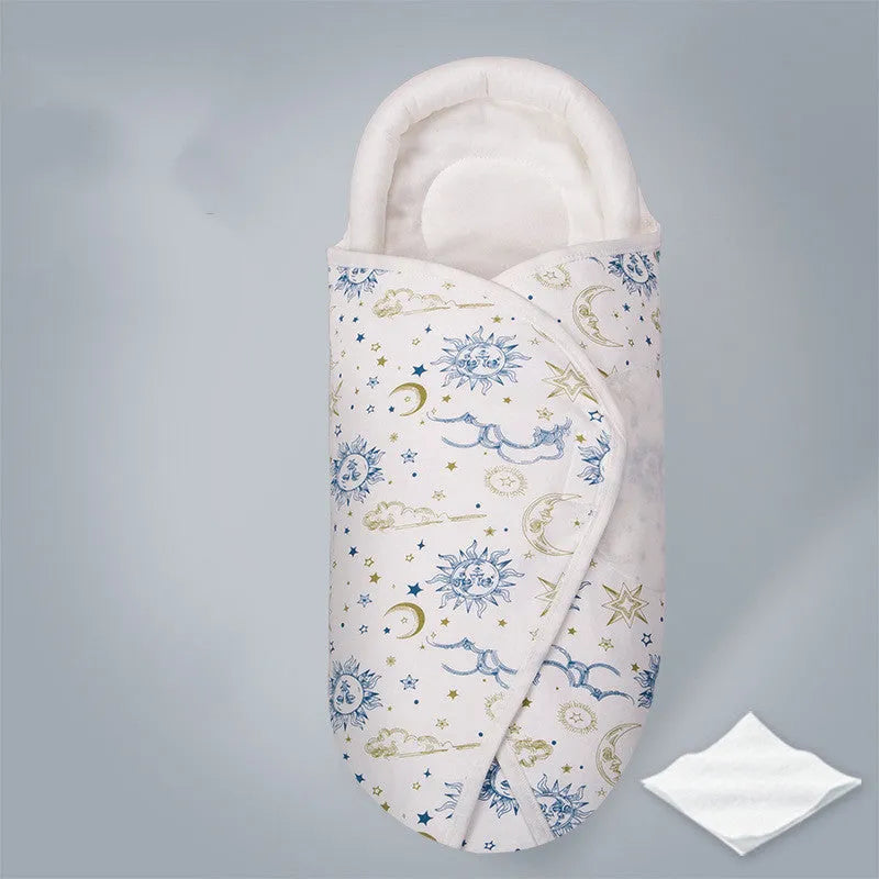 Pure cotton anti-startle baby swaddle in a 30x60 cm size showing one of eight print designs like Dinosaur or Starry Sky.