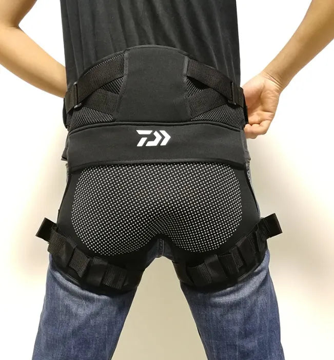 Black thick sea fishing cushion with non-slip rubber dots and adjustable waist belt buckles