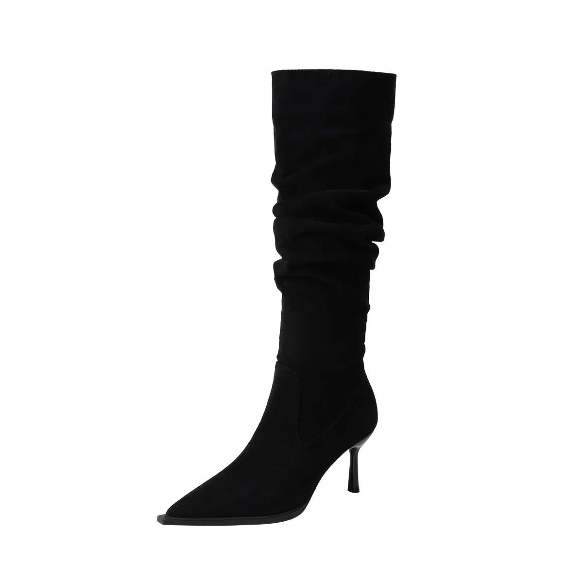 Women's pointed toe skinny boots below the knee in black artificial PU with side zipper and high heel