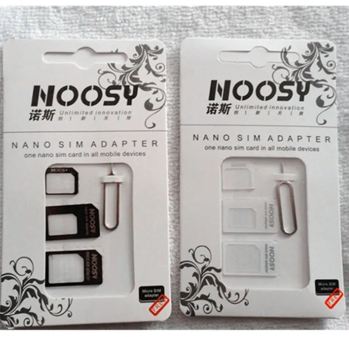 Three-piece SIM card kit showing nano, micro, and standard sizes in black and white colours.