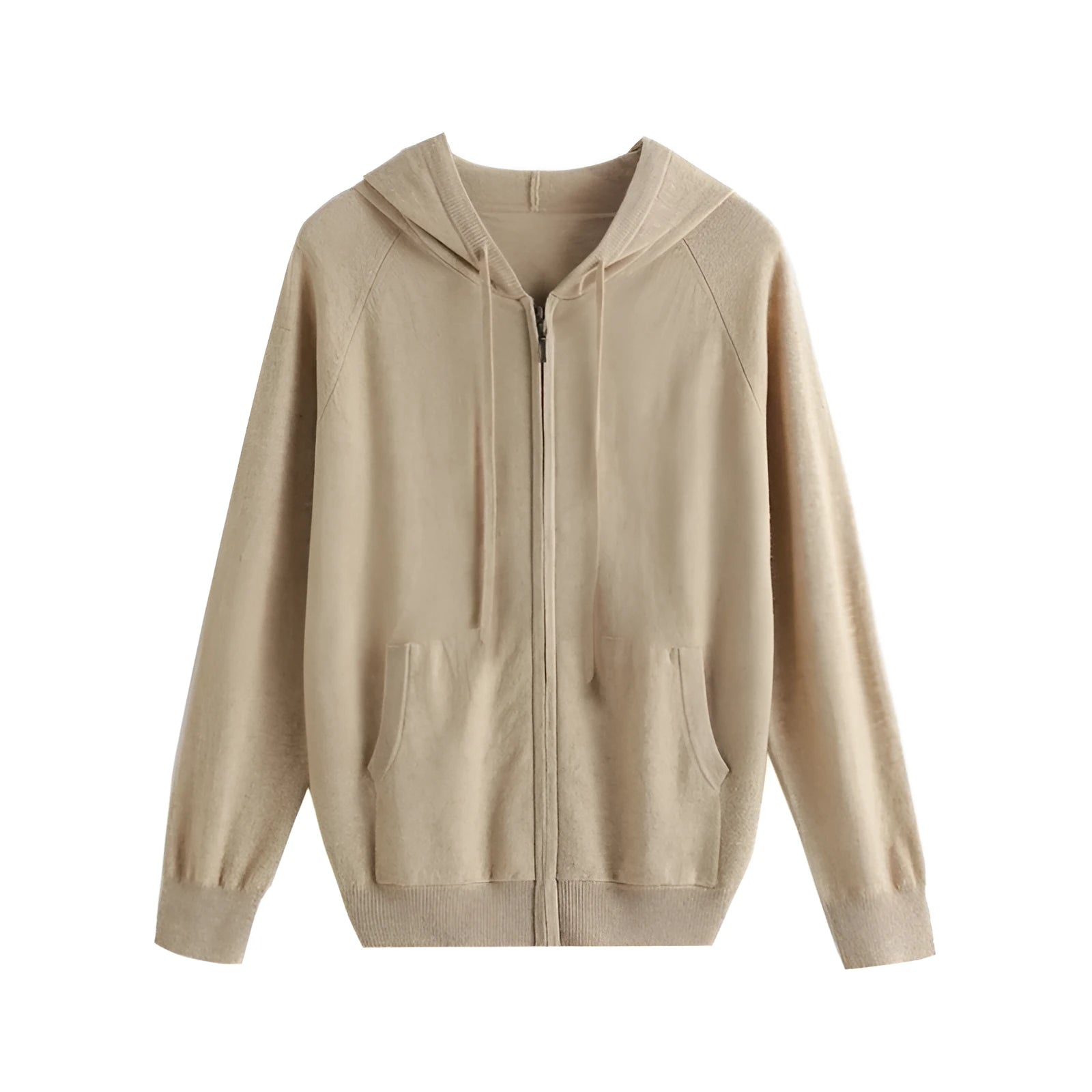 Man wearing a grey zip-up hooded cardigan, knitted cashmere blend, light business style.