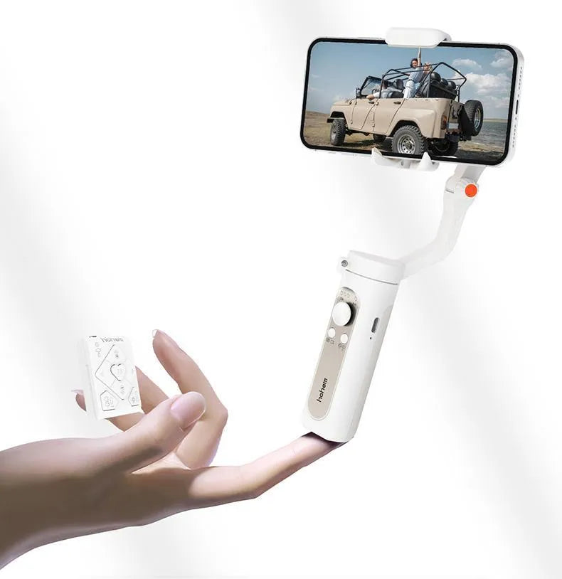 Black 3-axis smartphone stabilizer folded to 179mm size with USB port visible