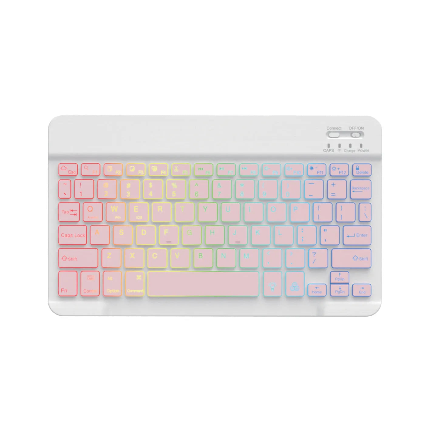 10-inch backlit Bluetooth keyboard for tablets showing colourful lighting with charging cable