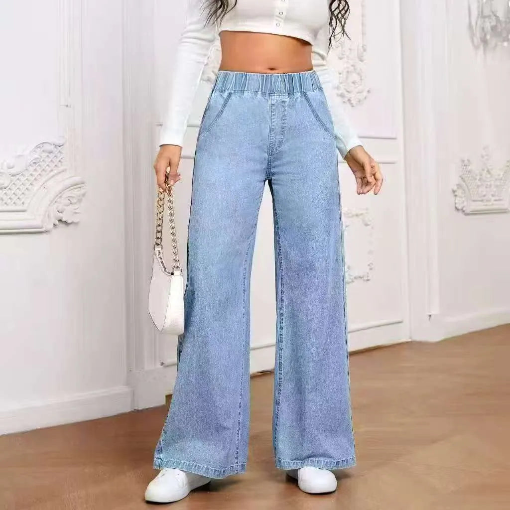Light blue washed wide-leg denim jeans with straight-leg cut and mid-waist design