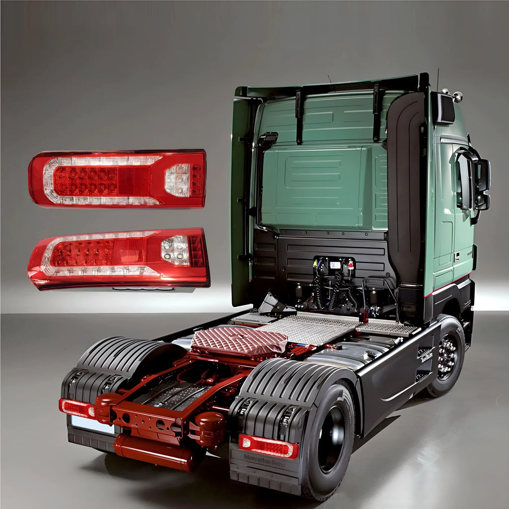 Mercedes-Benz heavy truck LED rear lamp assembly with running water light effect on grey engineering plastic housing.