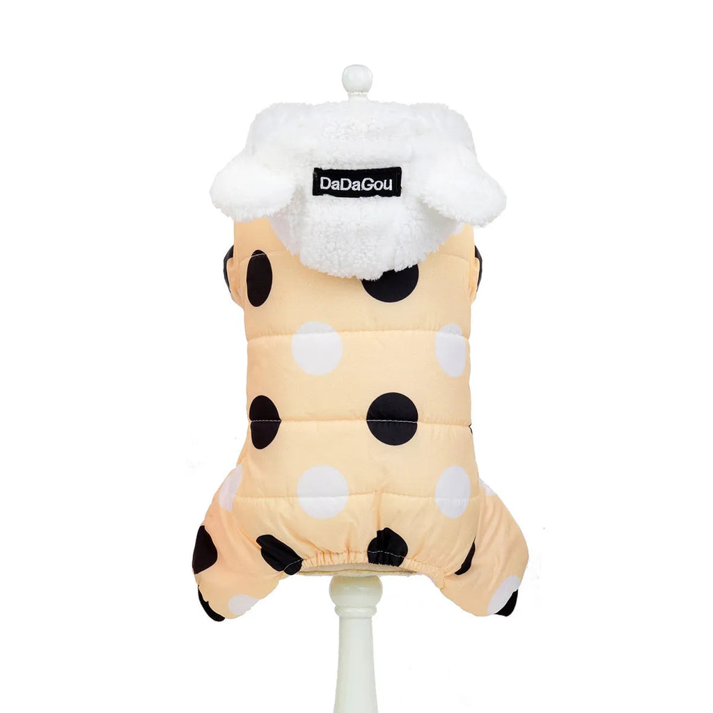 Warm big polka dot four-leg cotton pet coat in black, light yellow, or pink, sizes S to XXL