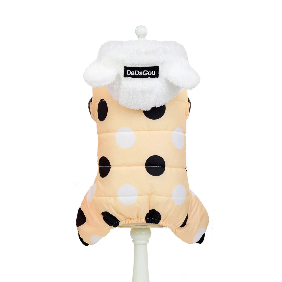 Warm big polka dot four-leg cotton pet coat in black, light yellow, or pink, sizes S to XXL