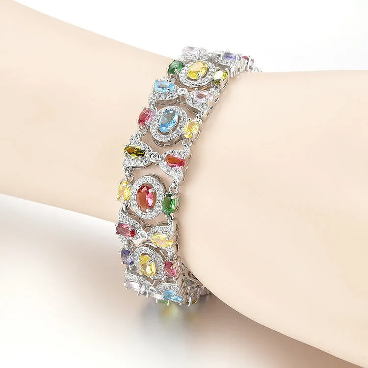 Colorful full diamond women's bracelet on display, 18cm adjustable length with extension buckle, anti-sensitivity brass base