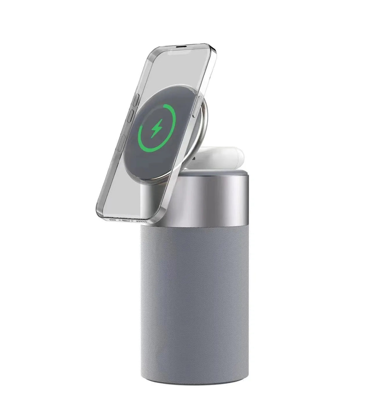 Magnetic wireless charger for earphone and cellphone in beige with button operation, on a desk