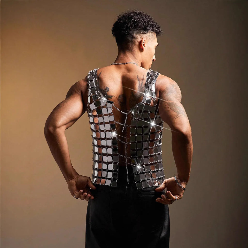 Silver acrylic mirror men's performance costume vest with punk styling and loose fit