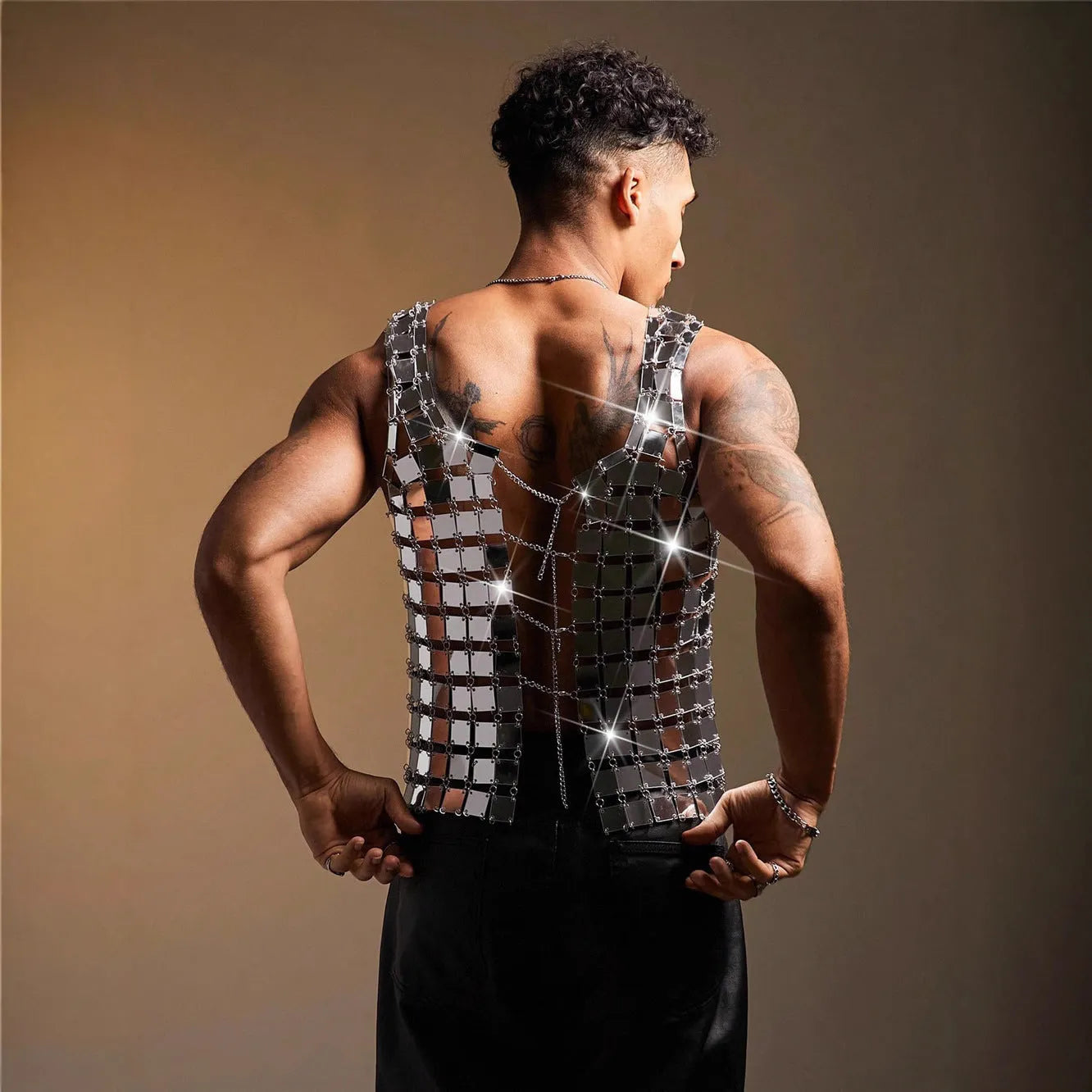 Silver acrylic mirror men's performance costume vest with punk styling and loose fit