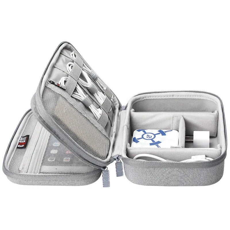 Black EVA digital storage organiser bag showing double layer compartments for headphones and cables
