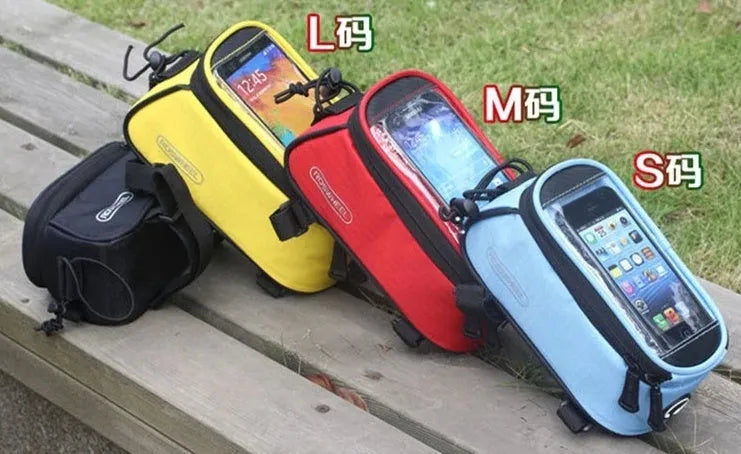 Waterproof PVC bicycle frame phone bag in black, mounted on bike with iPhone inside