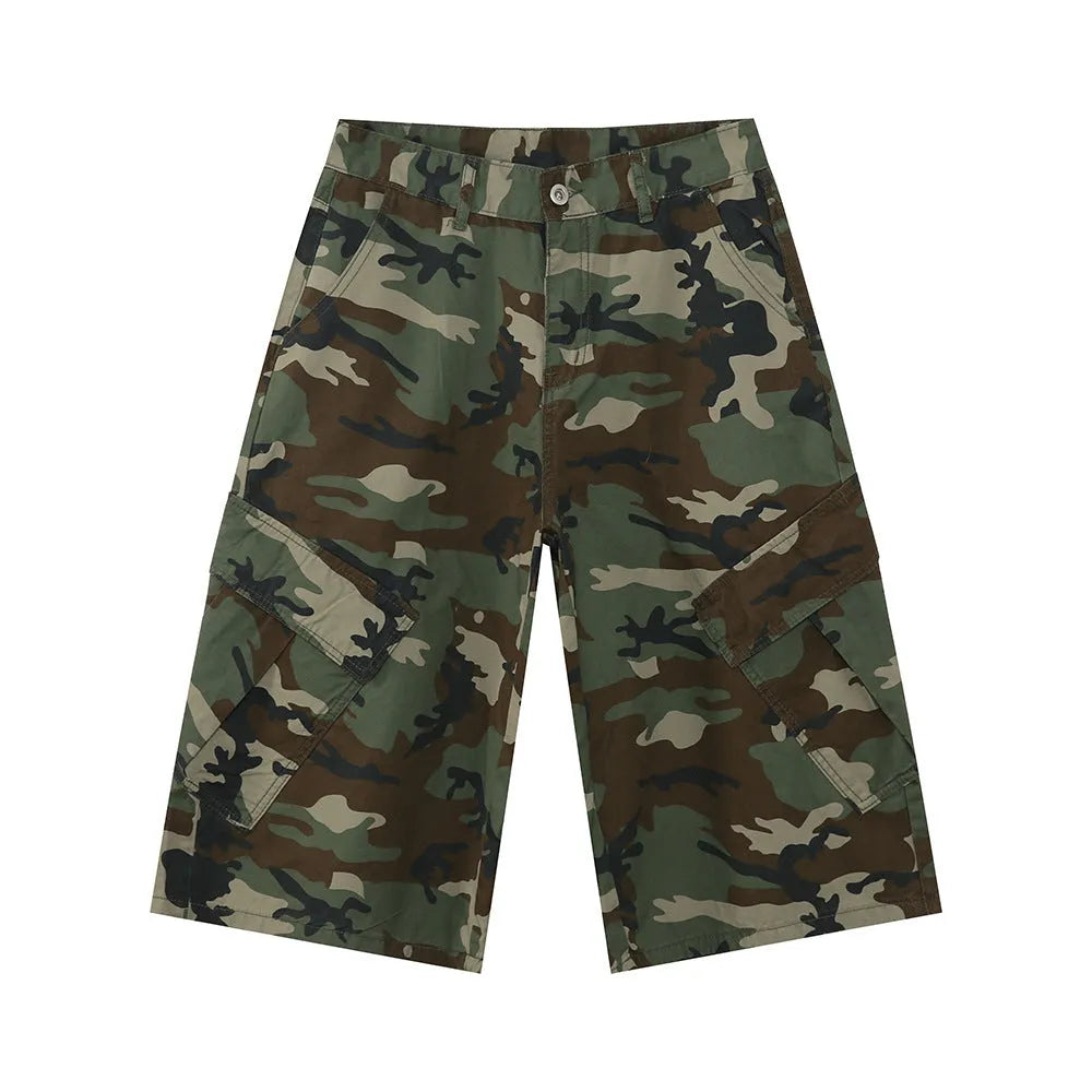 Cotton men's camouflage trousers with wide leg loose fit and American side stitching