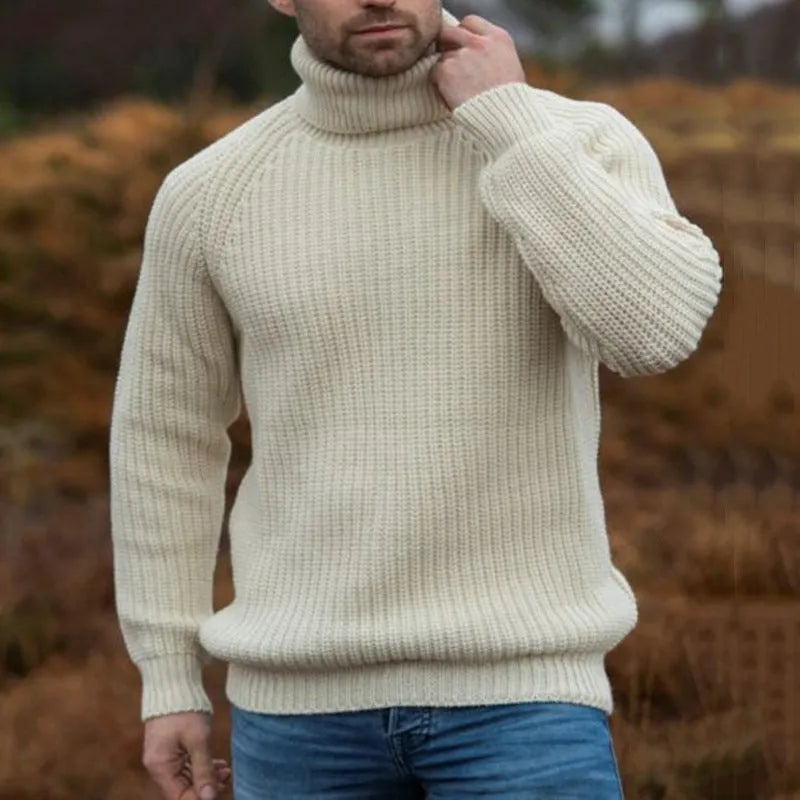 Beige turtleneck sweater with long sleeves and loose pullover fit, sizes M to XXXL