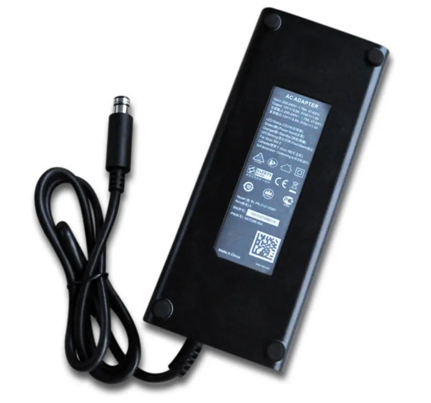 Black Microsoft XBOX 360E AC power adapter with regional plug options for 110V console models