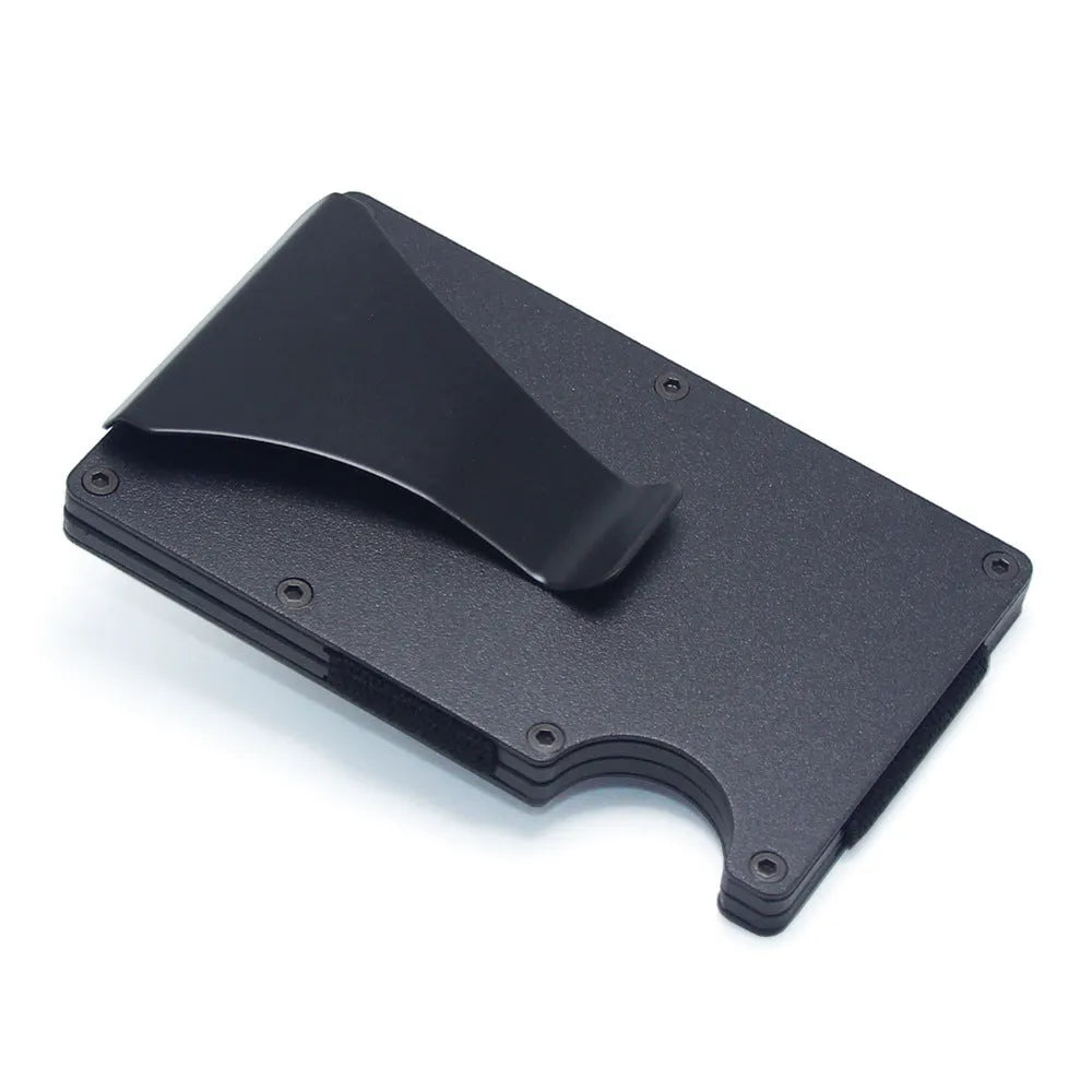 Geometric carbon fibre and aluminium card wallet in a choice of colours, showing 8mm thickness.