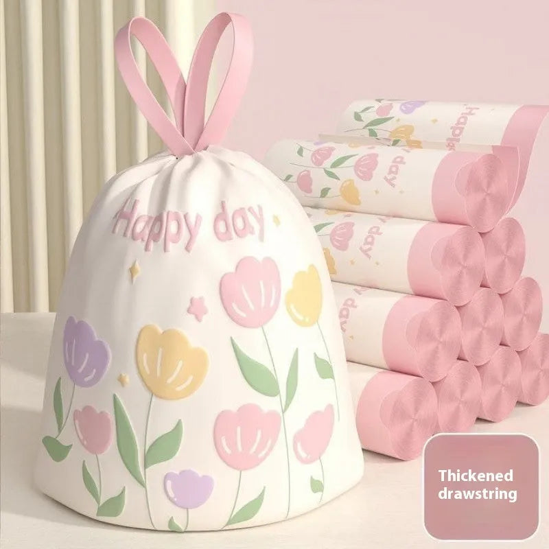 Pink degradable argy wormwood mosquito repellent garbage bags with bold drawstring.