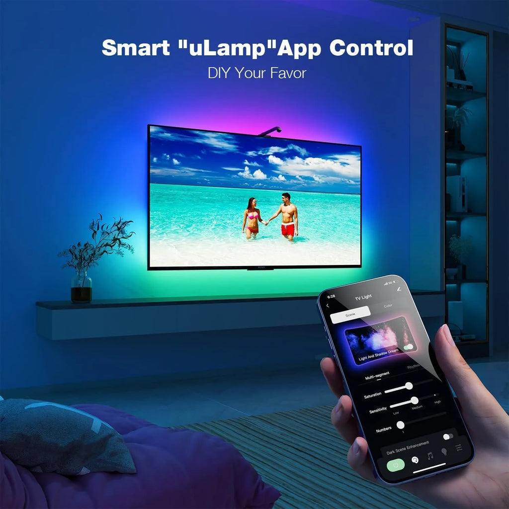 5-metre RGB LED light strip for desk and TV backlighting with USB cable and remote control.