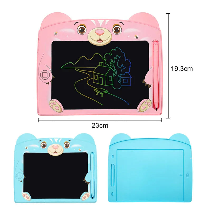 Cute bear cartoon LCD drawing board in sky blue colour on a table with stylus.