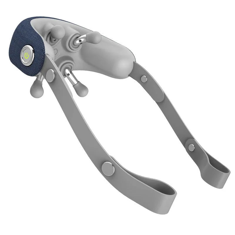 Rechargeable neck massager in dark blue with imitation hand grip and heat function on a home surface
