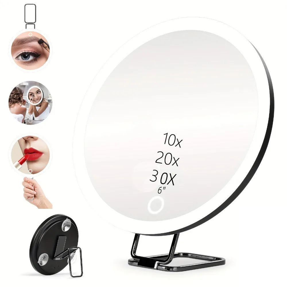 Charging LED fill light makeup mirror with rotating bracket, ABS frame, aluminium mirror lens, USB rechargeable, 15cm, white standing