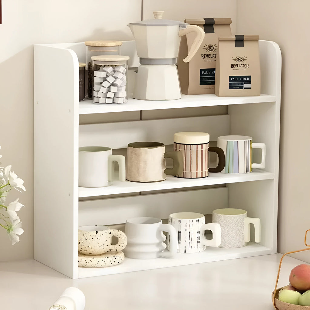 Desktop layered storage rack in PVC expansion sheet with wooden style, shown as a two-layer or three-layer rounded shelf tabletop organiser.