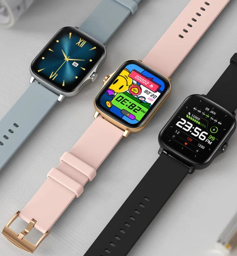 Blue smart watch with 1.7-inch colour touch screen on adjustable strap showing interface