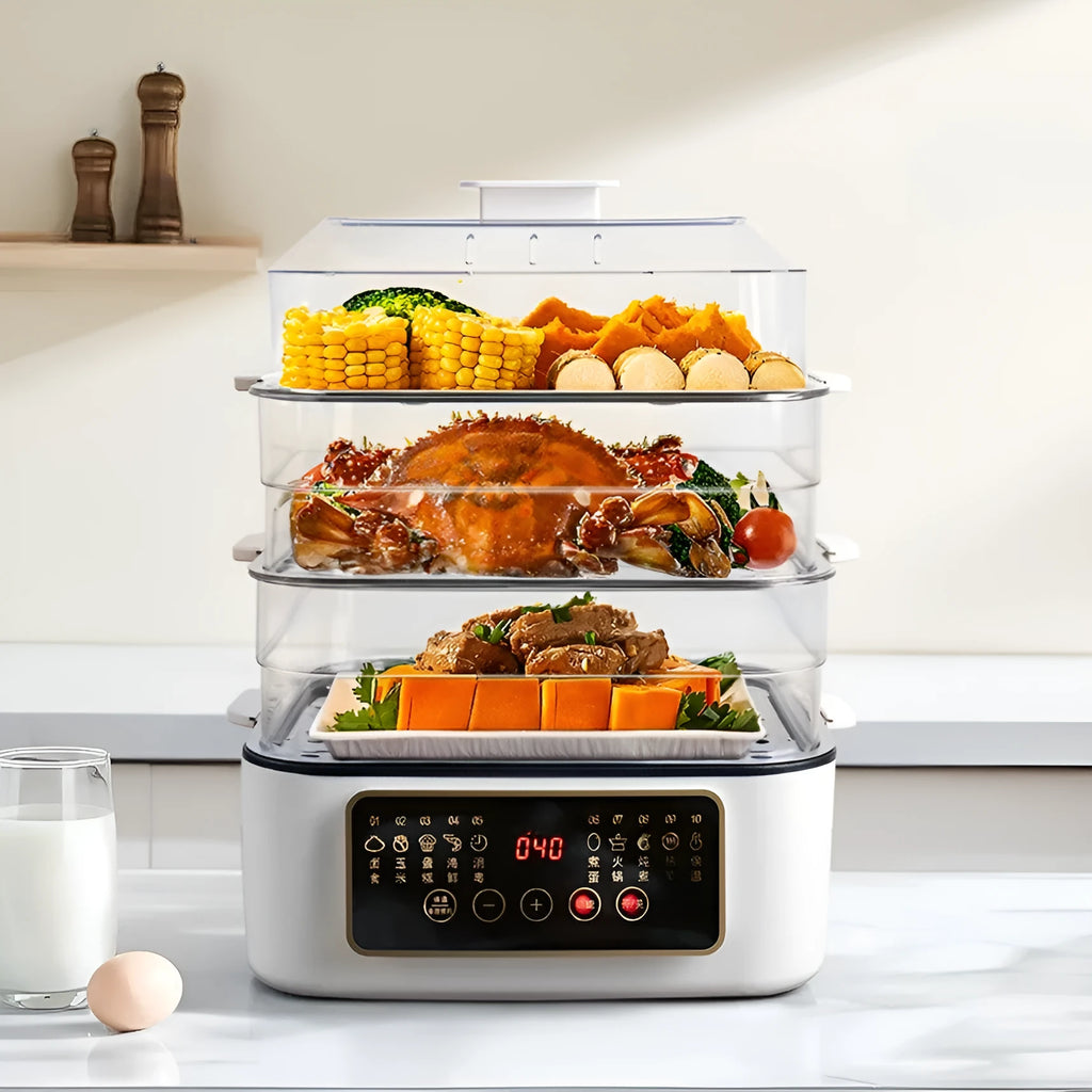 28 litre capacity electric kitchen steamer with stainless steel rack on a worktop.