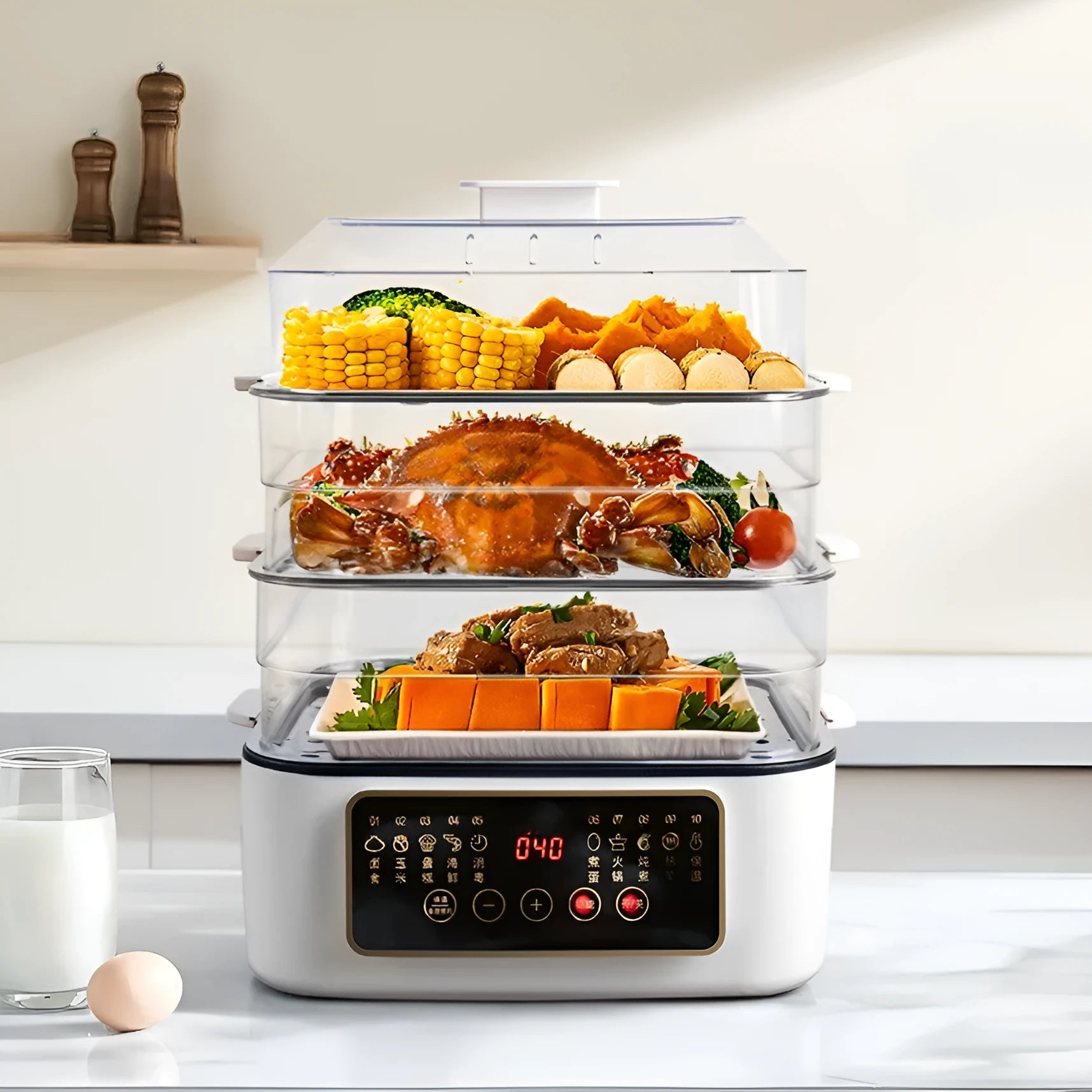 28 litre capacity electric kitchen steamer with stainless steel rack on a worktop.